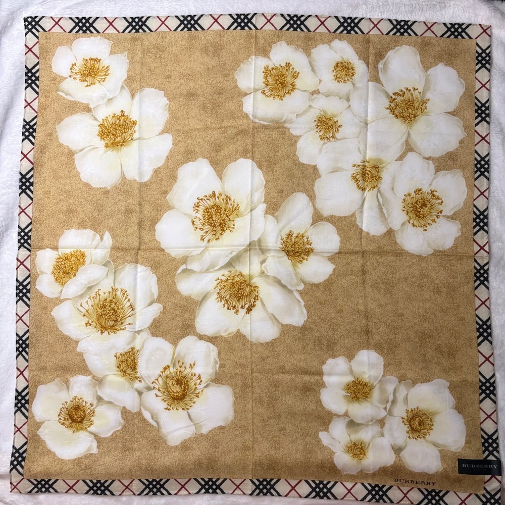 BURBERRY Scarf Handkerchief Floral Cotton Tan 19x19